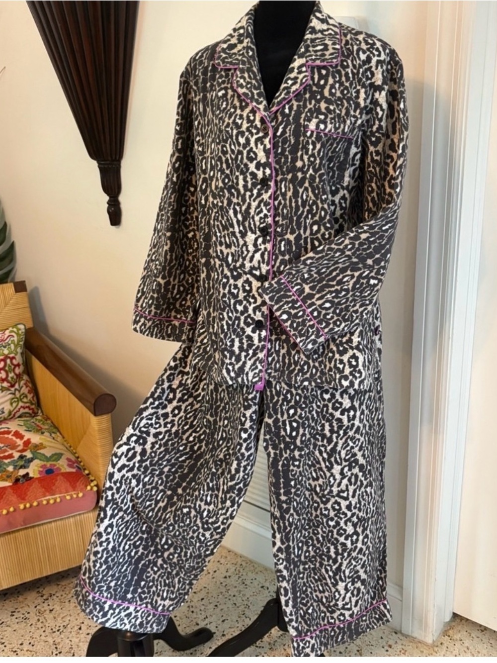 NICK & NORA LEOPARD Flannel Pajama Set! Purple piping! Long Pants. Long Sleeve.